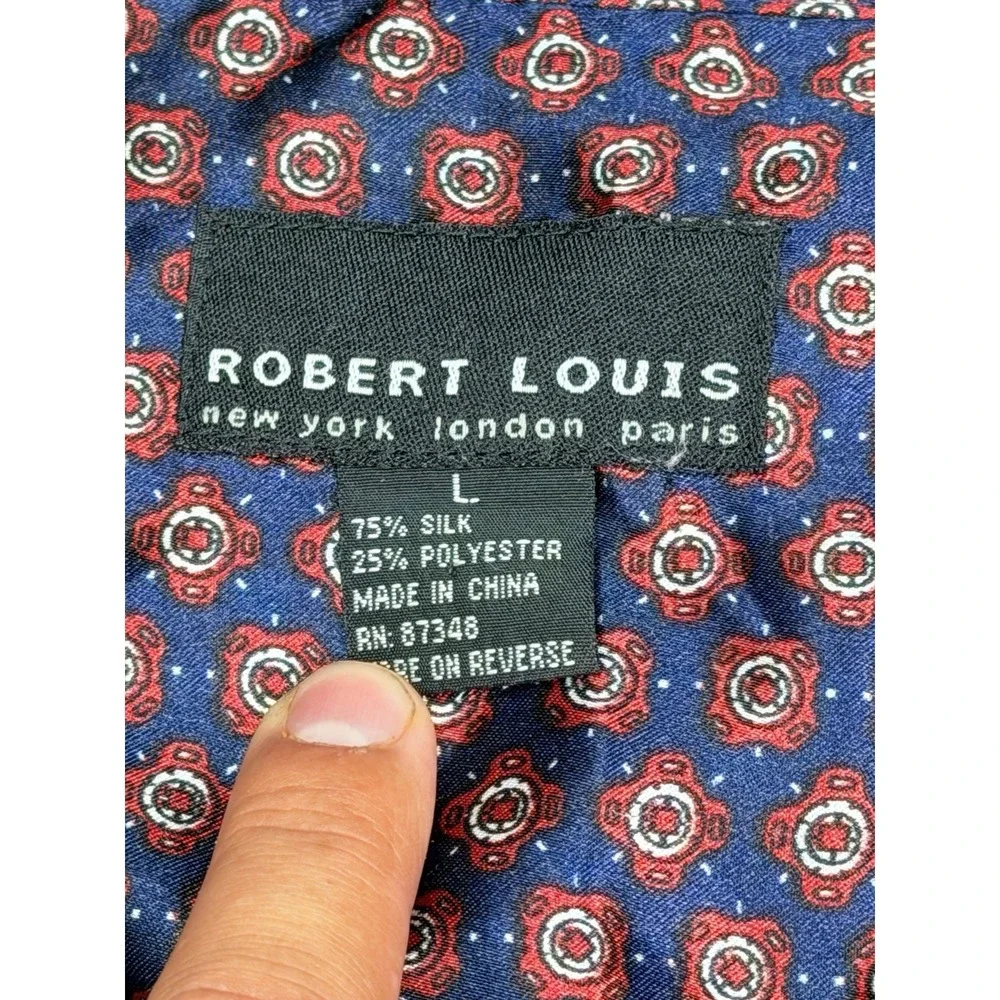 Robert Louis Men's Large Silk Blend Pajama Set Blue Red Print Button Front